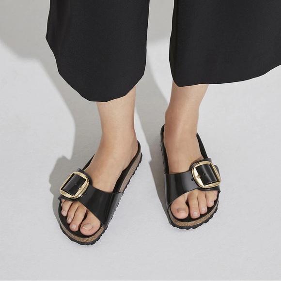 BIRKENSTOCK Madrid Big Buckle Black slides sandals Sz 36 6 gold - Picture 1 of 7
